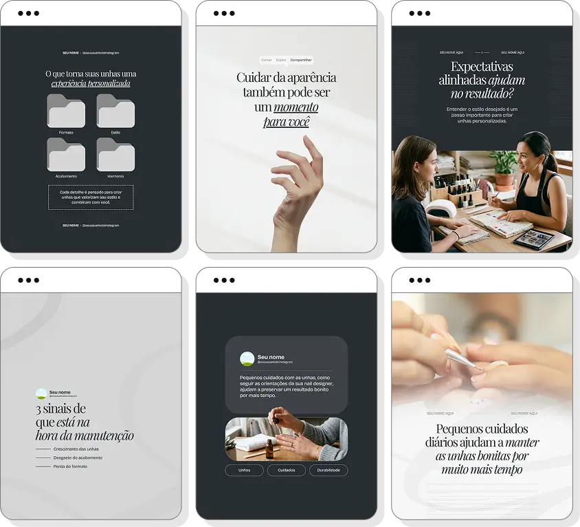 Pack de posts para nail designer com templates no Canva para Instagram sobre unhas, esmaltação e beleza das mãos