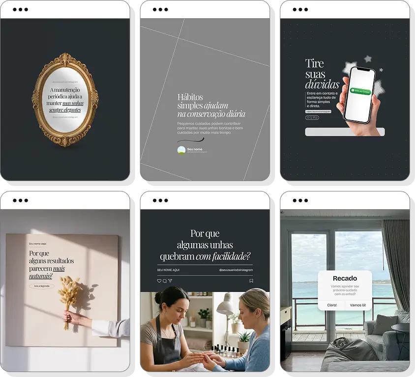 Pack Canva nail designer com posts editáveis para Instagram de unhas decoradas e alongamento de unhas