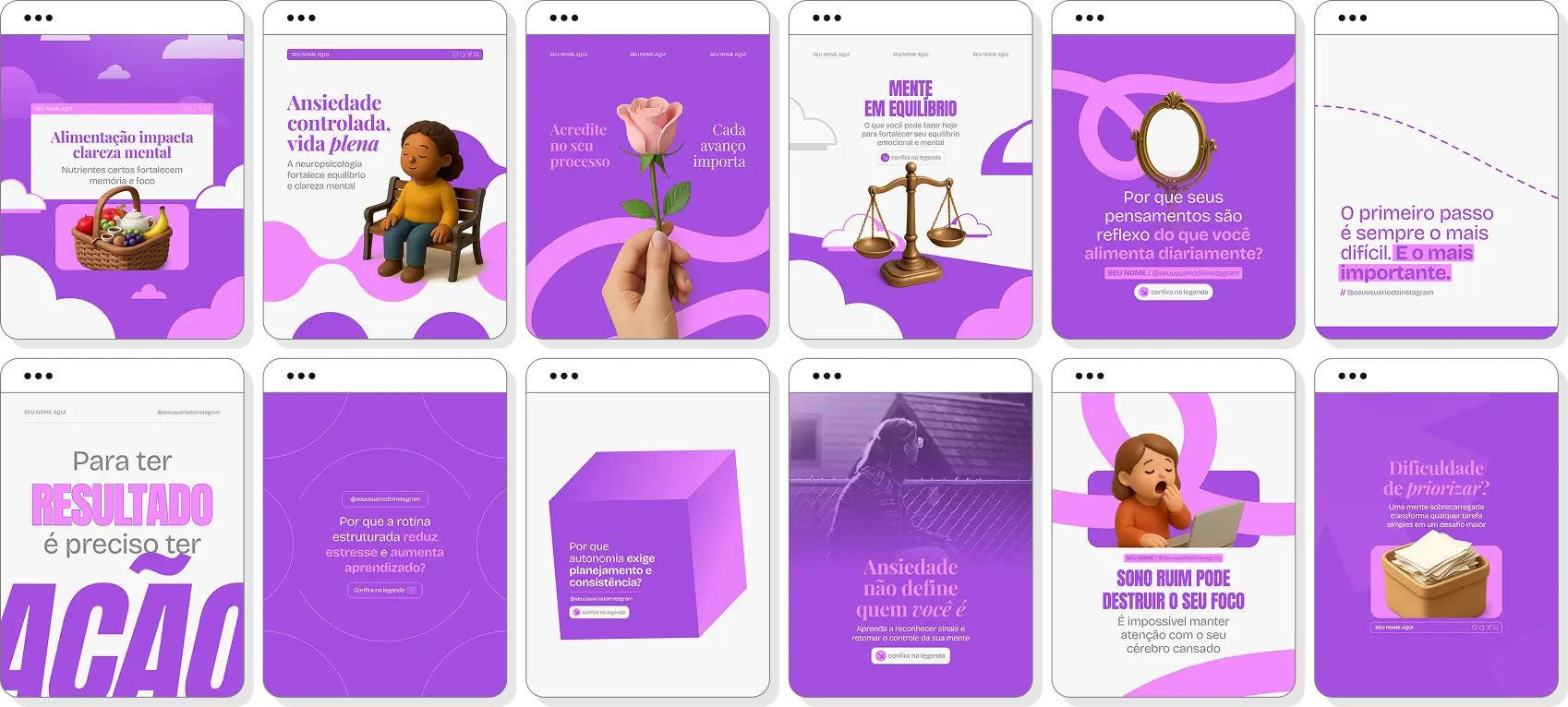 Pack de neuropsicologia com conteúdos editáveis para Instagram de cérebro e desenvolvimento cognitivo