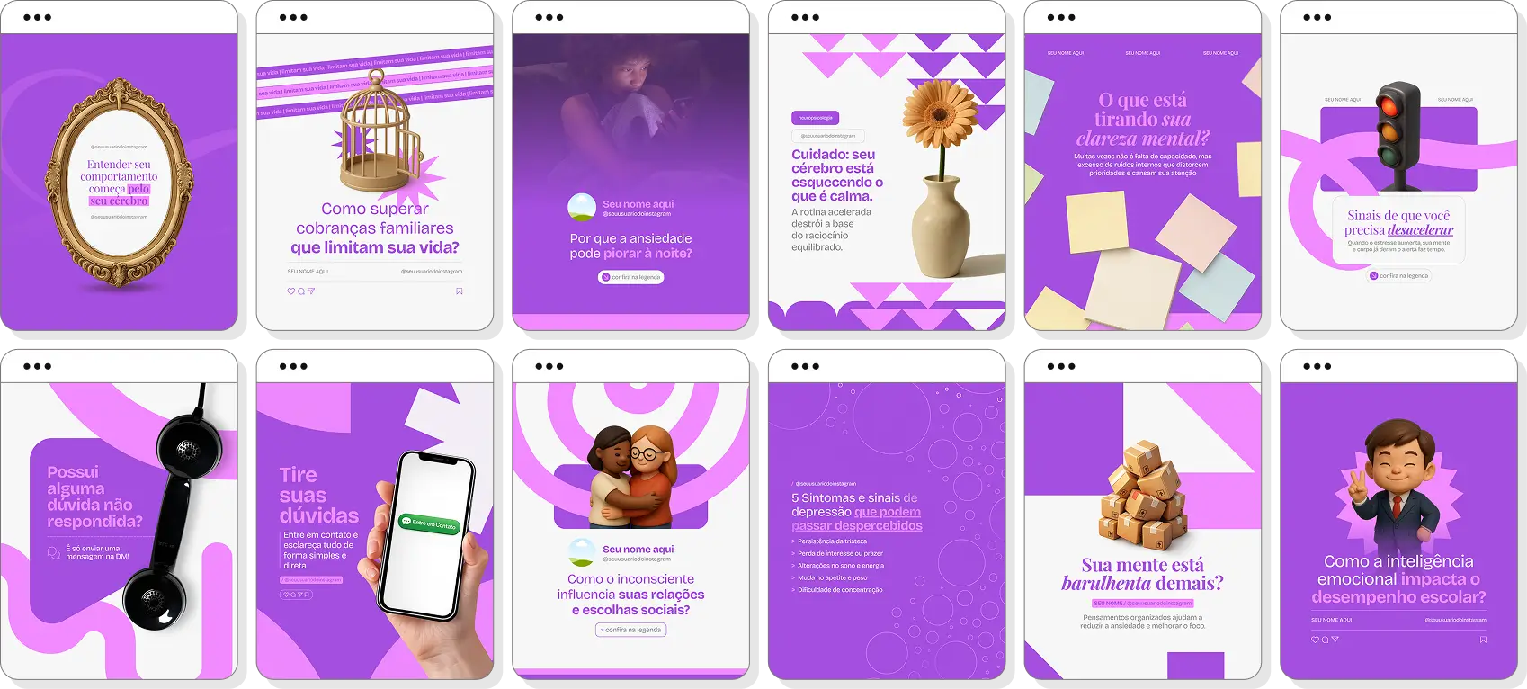 Pack social media neuropsicologia com templates para Instagram de atenção e funções cognitivas