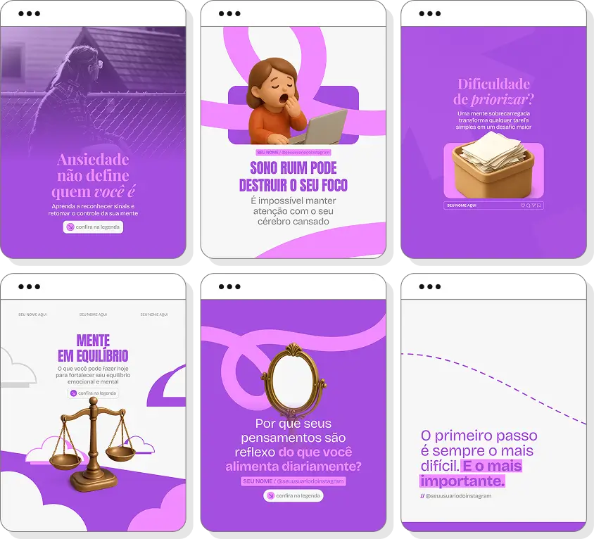 Pack Canva neuropsicologia com ideias de posts para perfil de Instagram sobre memória e atenção