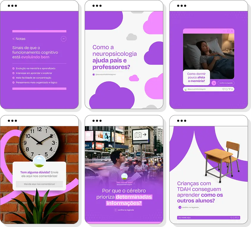 Pack de posts editáveis neuropsicologia com foco em avaliação neuropsicológica e desenvolvimento cognitivo