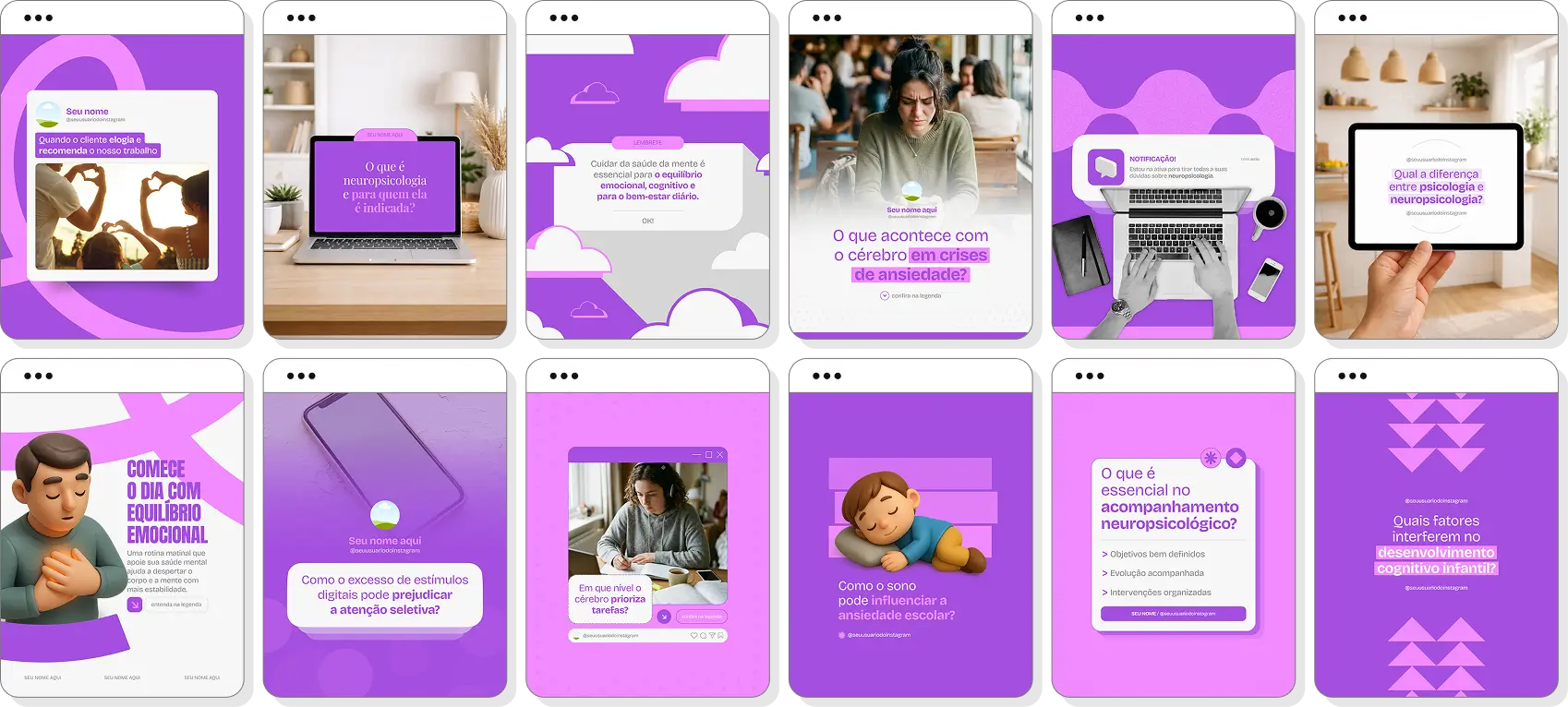 Pack de posts para neuropsicologia com ideias de conteúdo para Instagram de memória e comportamento
