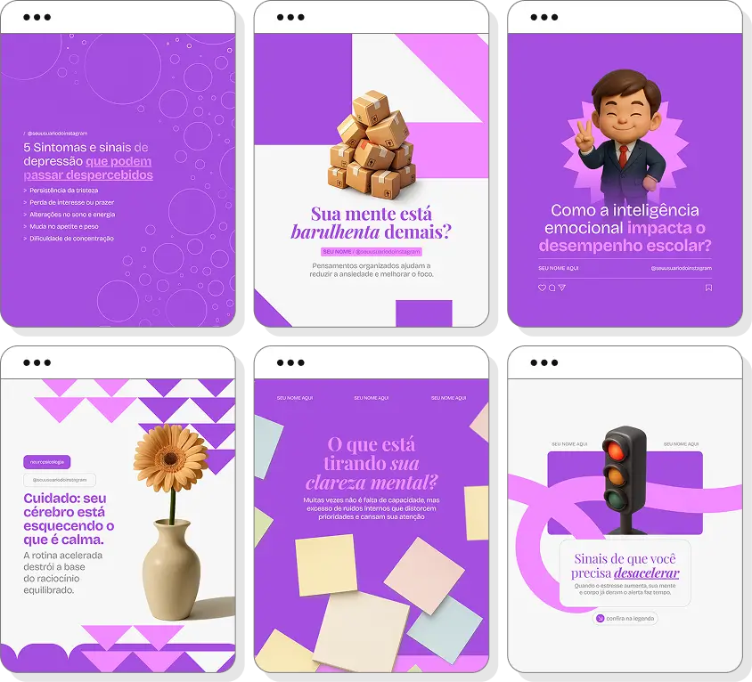 Posts para perfil de neuropsicologia no Instagram com templates Canva sobre cognição e comportamento