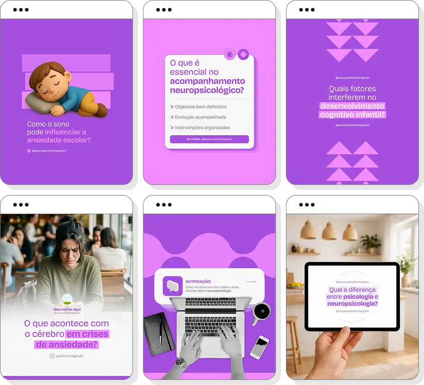 Pack de posts para Instagram neuropsicologia com artes editáveis sobre cérebro e funções cognitivas