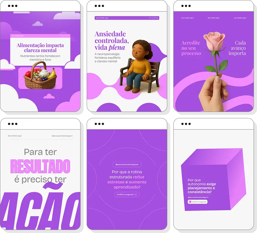 Pack social media neuropsicologia com conteúdos para Instagram de memória, atenção e cognição