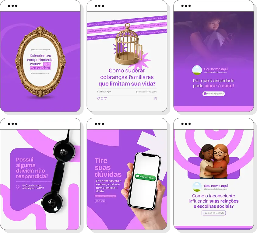 Pack de posts editáveis neuropsicologia com Instagram de cognição, memória e atenção