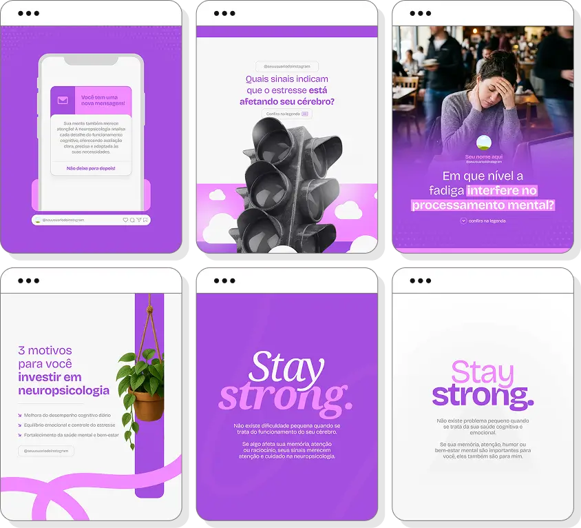 Pack Canva neuropsicologia com posts para Instagram de avaliação neuropsicológica e comportamento