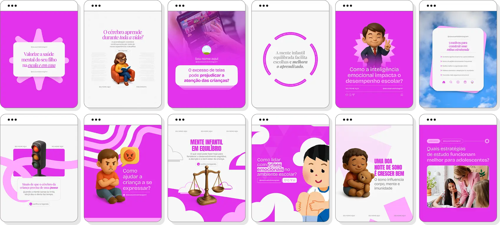 Pack de posts editáveis neuropsicopedagogia com Instagram de desenvolvimento e habilidades cognitivas
