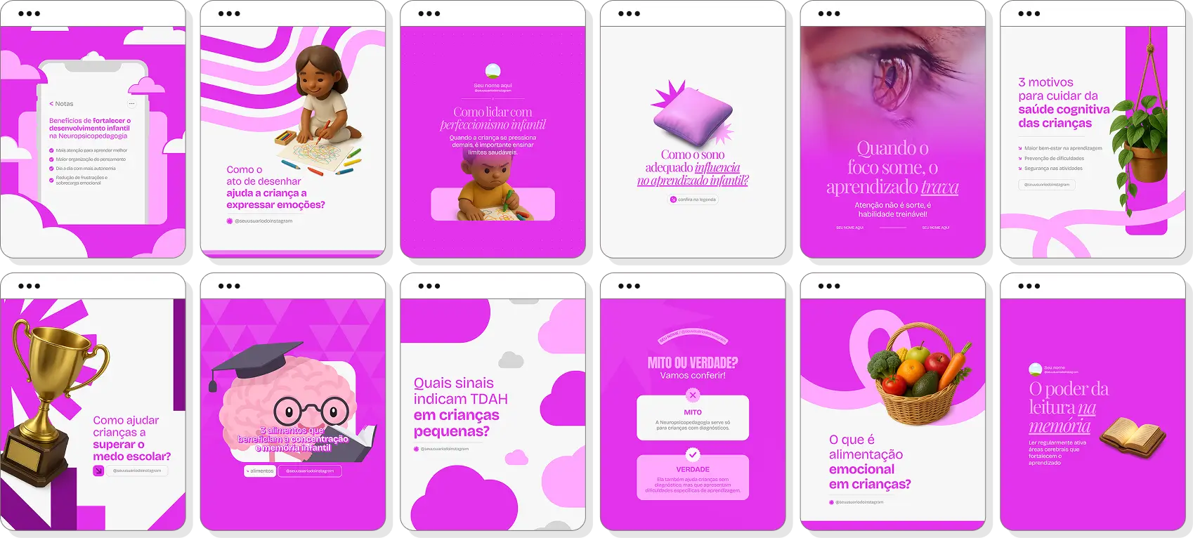 Pack de neuropsicopedagogia com conteúdos editáveis para Instagram de aprendizagem e desenvolvimento