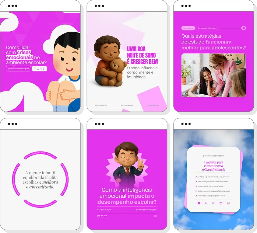 Posts para neuropsicopedagogia com ideias de conteúdo para Instagram sobre aprendizagem e desenvolvimento cognitivo