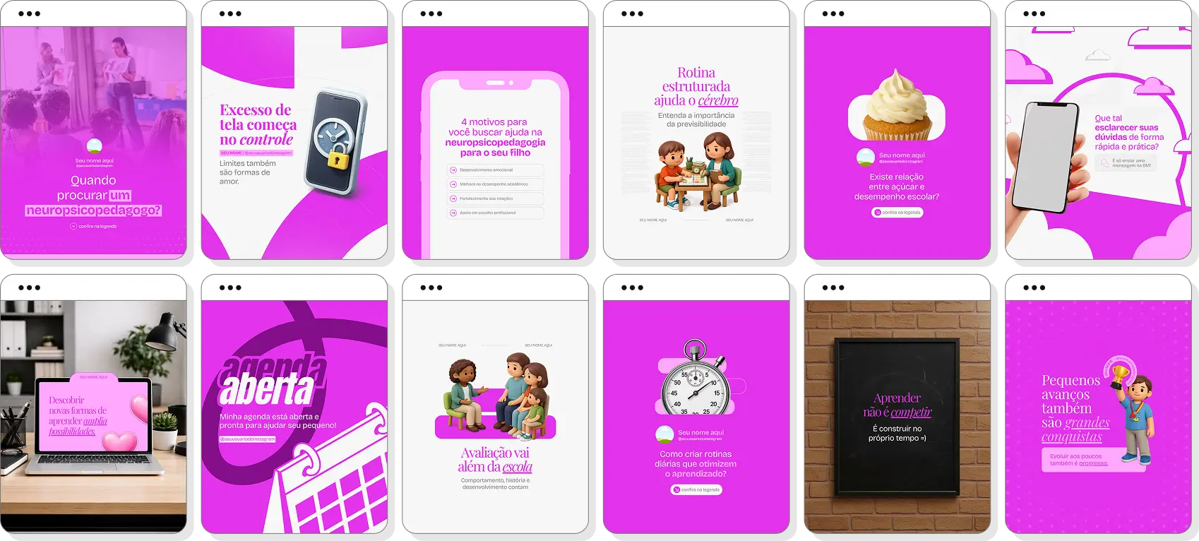 Ideias de post para neuropsicopedagogia com pack de conteúdo para Instagram sobre aprendizagem infantil