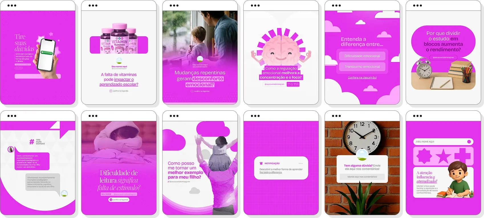 Social media para neuropsicopedagogia com pack de posts editáveis no Canva para Instagram profissional