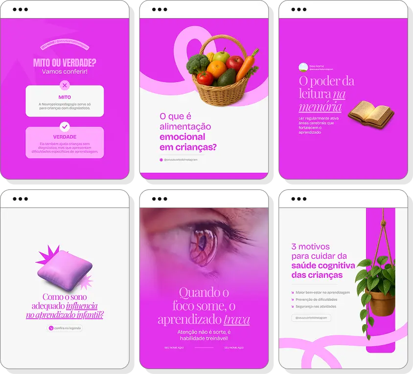 Posts para perfil de neuropsicopedagogia no Instagram com templates Canva sobre desenvolvimento cognitivo