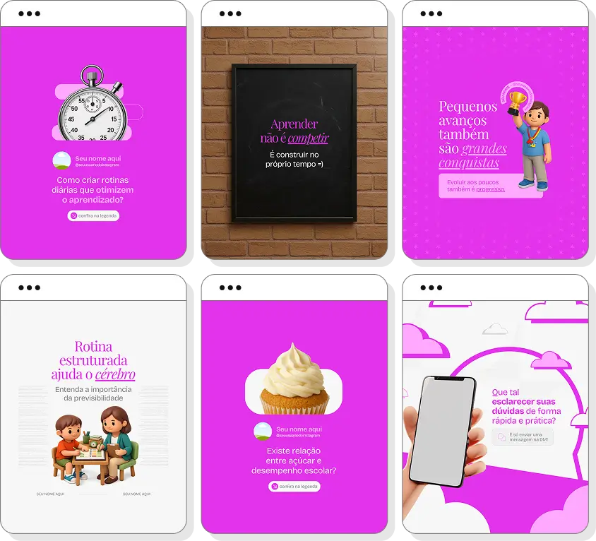 Pack de posts para Instagram neuropsicopedagogia com artes editáveis sobre aprendizagem e desenvolvimento