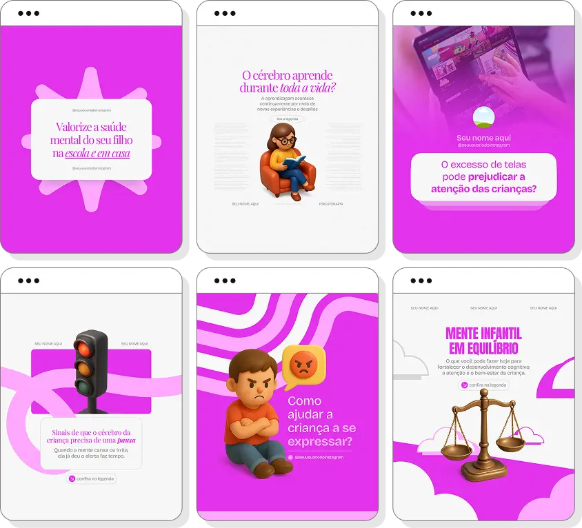 Pack de posts editáveis neuropsicopedagogia com foco em aprendizagem, desenvolvimento e educação