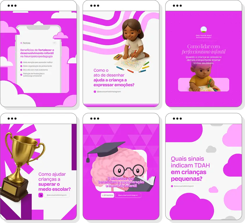 Pack Canva neuropsicopedagogia com ideias de posts para perfil de Instagram sobre aprendizagem e educação