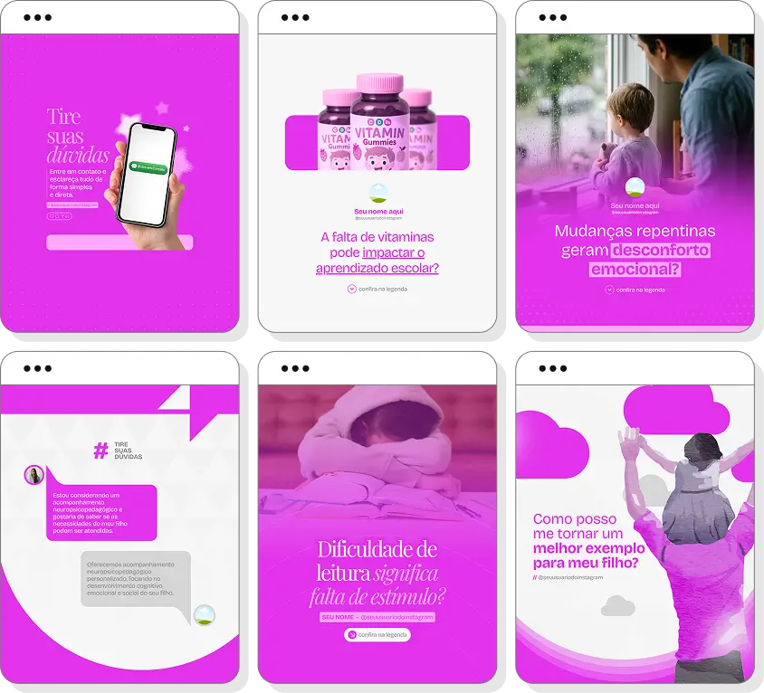 Pack social media neuropsicopedagogia com conteúdos para Instagram de desenvolvimento infantil e aprendizagem