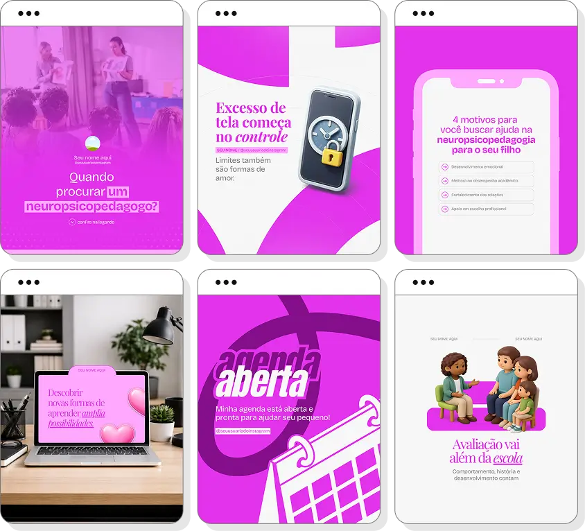 Pack Canva neuropsicopedagogia com posts para Instagram de desenvolvimento cognitivo e educação