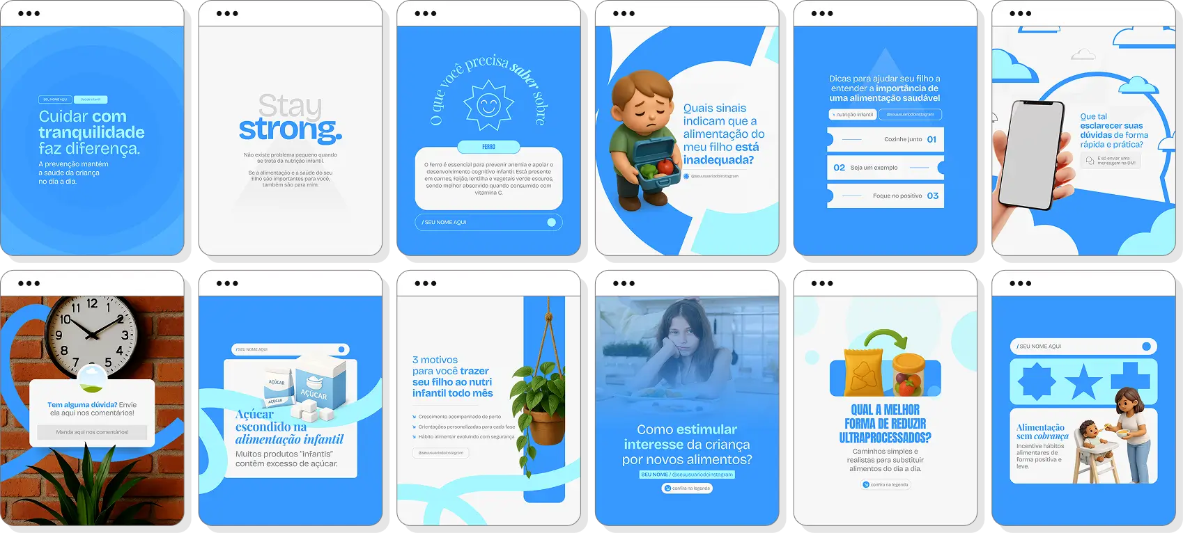 Social media para nutrição infantil com pack de posts editáveis no Canva para Instagram profissional