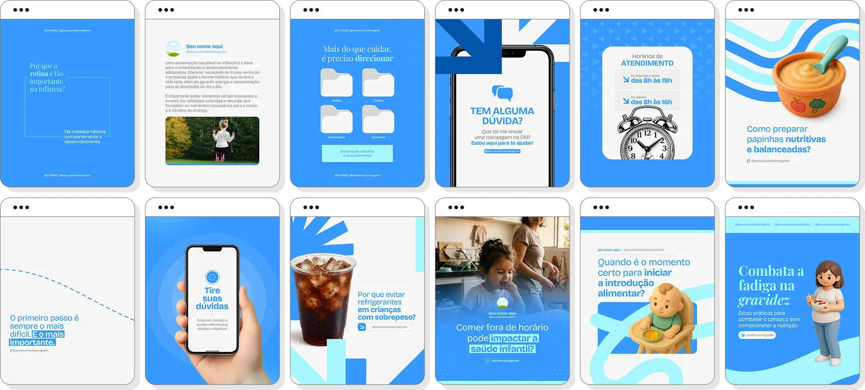 Pack social media nutrição infantil com templates para Instagram de introdução alimentar infantil