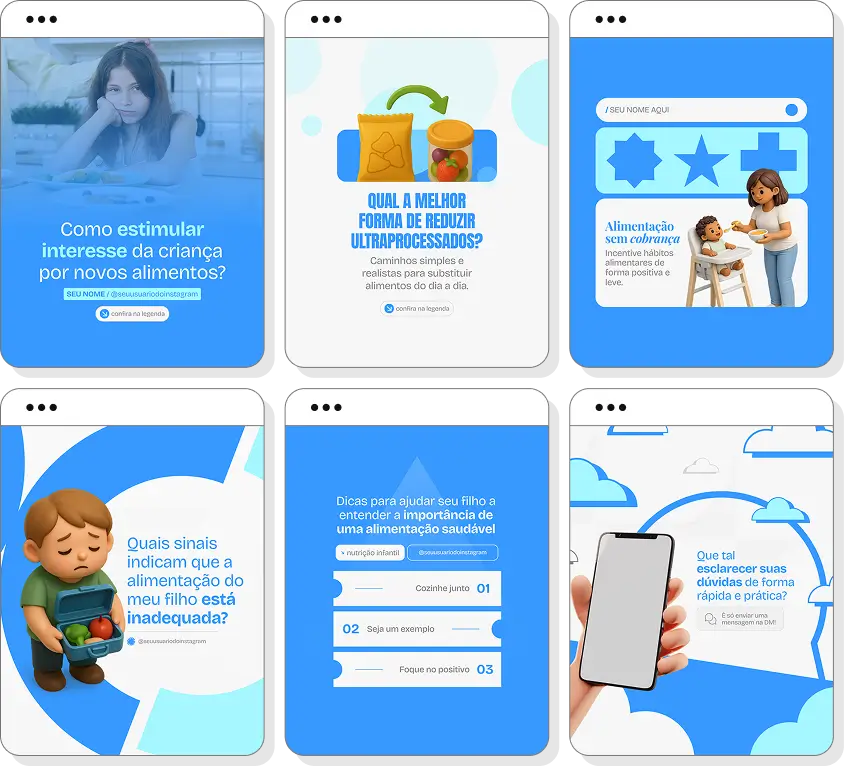 Pack Canva nutrição infantil com ideias de posts para perfil de Instagram sobre nutrição e infância