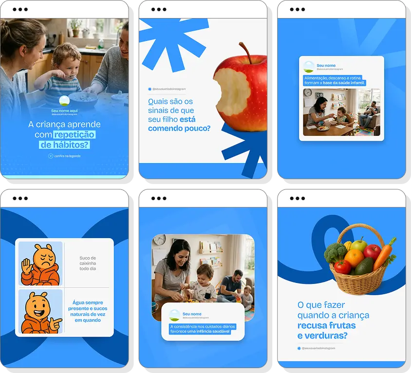Pack de posts editáveis nutrição infantil com foco em alimentação equilibrada e saúde das crianças