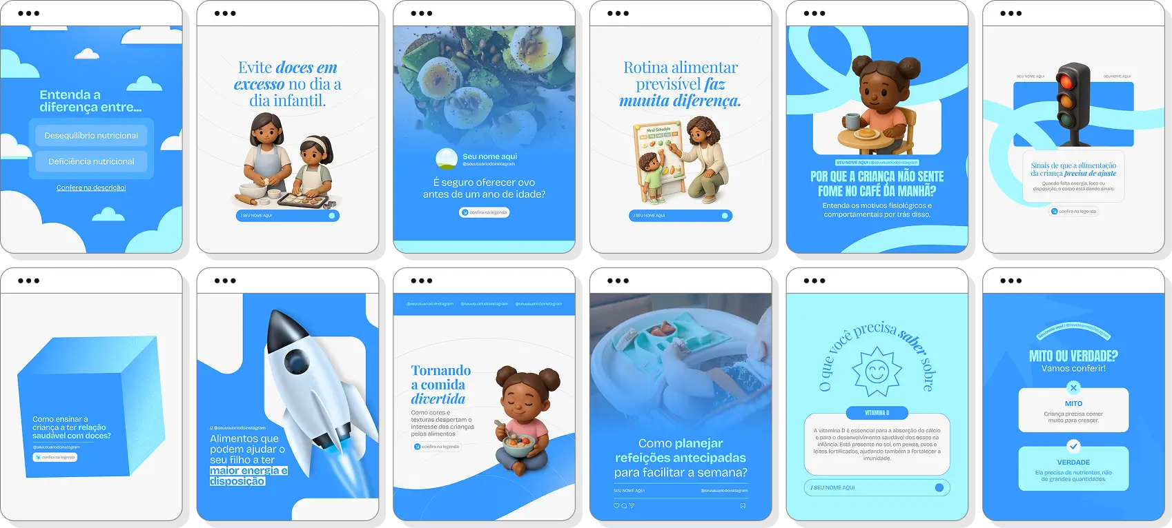 Pack de posts para nutrição infantil com ideias de conteúdo para Instagram de alimentação saudável