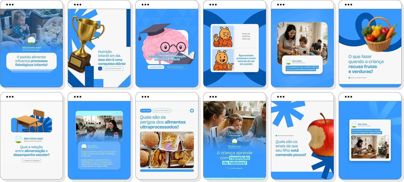 Posts para Instagram nutrição infantil com pack de templates Canva para nutricionistas infantis