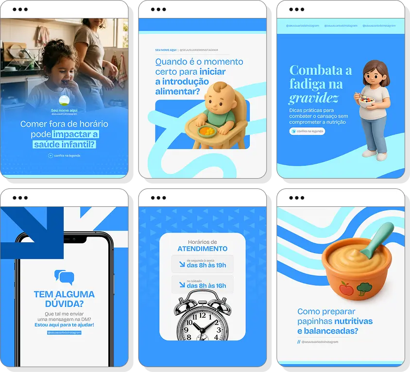 Posts para perfil de nutrição infantil no Instagram com templates Canva sobre alimentação das crianças