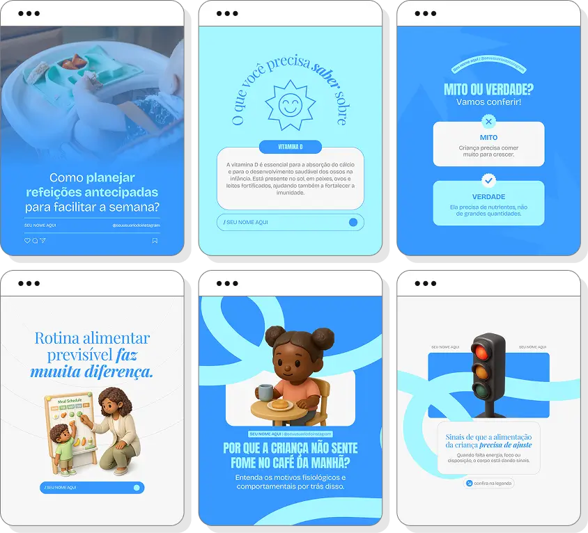 Pack social media nutrição infantil com conteúdos para Instagram de introdução alimentar e infância