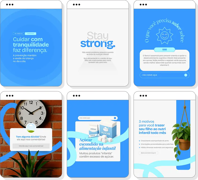 Pack de posts para Instagram nutrição infantil com artes editáveis sobre hábitos alimentares saudáveis