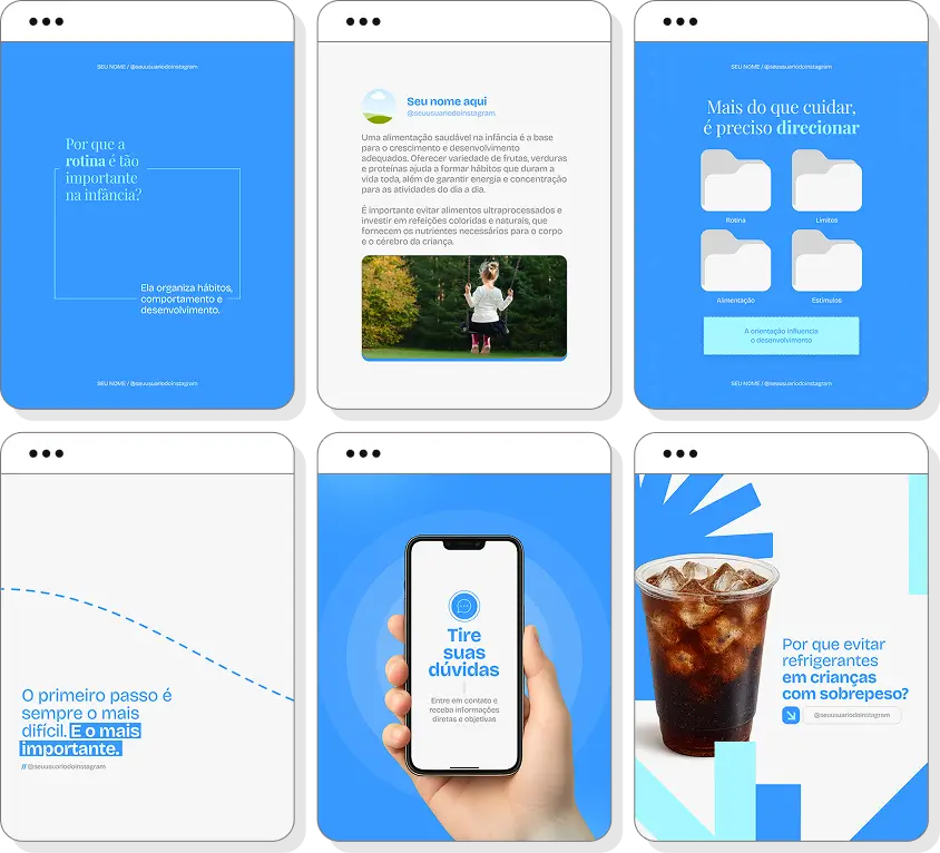 Pack Canva nutrição infantil com posts para Instagram de alimentação saudável para crianças