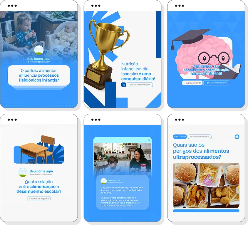 Pack de posts editáveis nutrição infantil com Instagram de hábitos alimentares e desenvolvimento infantil