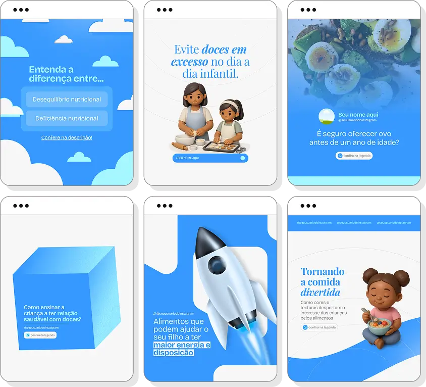 Ideias de post para nutrição infantil com pack de conteúdo para Instagram sobre alimentação infantil