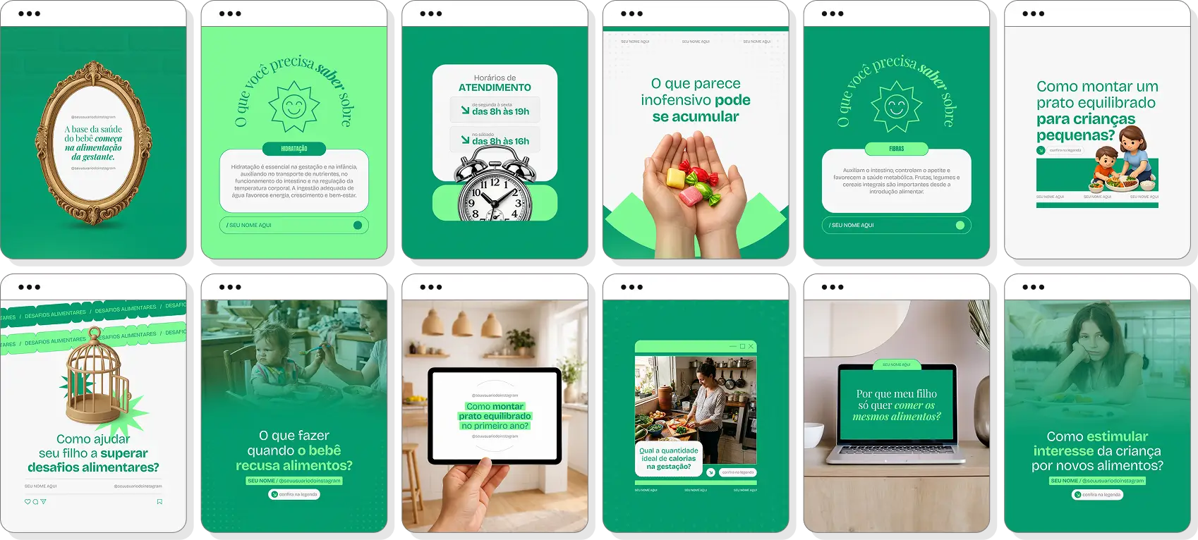 Pack Canva nutrição materno-infantil com conteúdos para Instagram de saúde materna e alimentação infantil