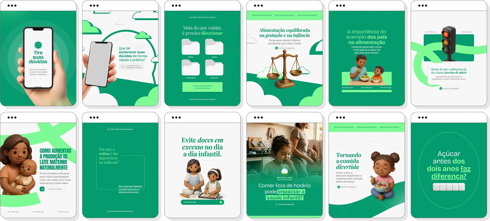 Posts para Instagram nutrição materno-infantil com pack de social media editável para nutricionistas