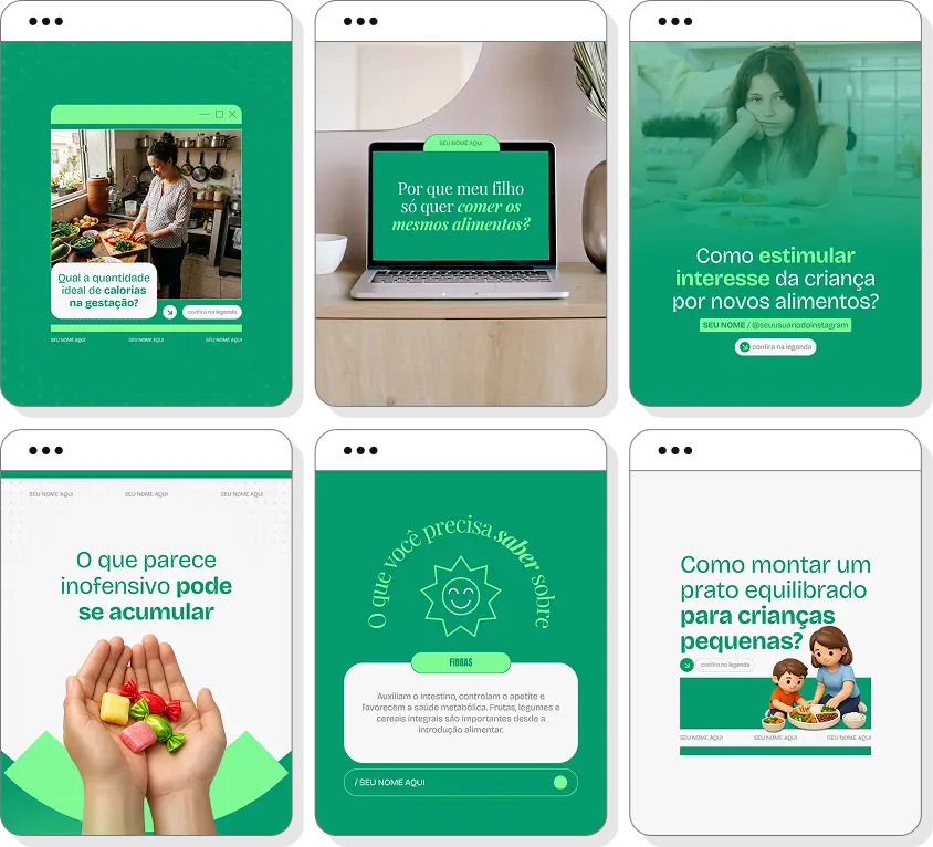 Pack Canva nutrição materno-infantil com posts para Instagram de gestantes, crianças e alimentação saudável