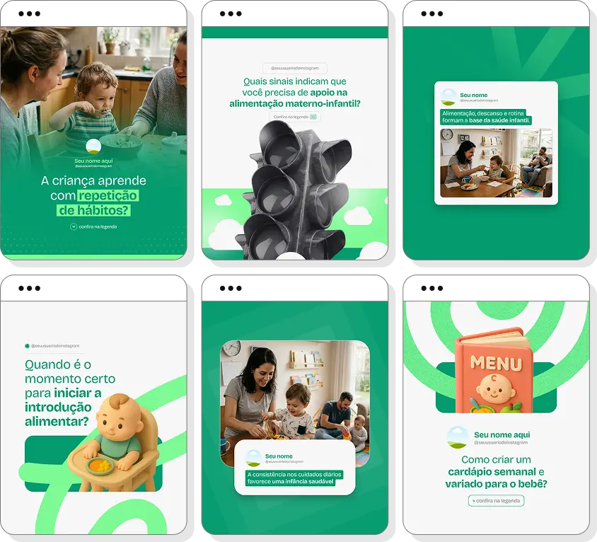 Pack Canva nutrição materno-infantil com social media para Instagram de gestação e nutrição infantil