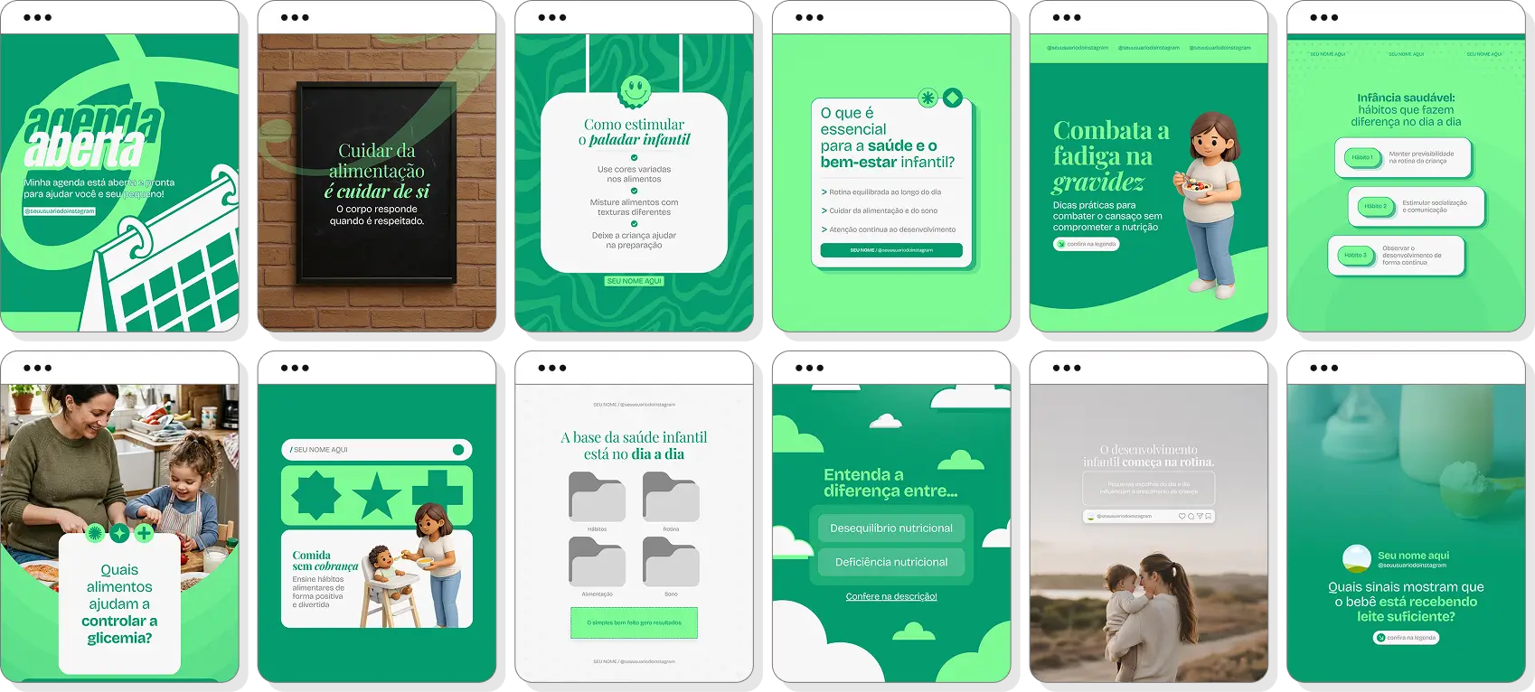Pack Canva nutrição materno-infantil com posts para Instagram de introdução alimentar e saúde materna