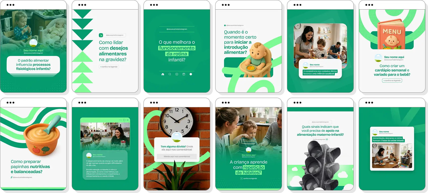 Pack de posts nutrição materno-infantil com templates para Instagram de alimentação de gestantes e crianças