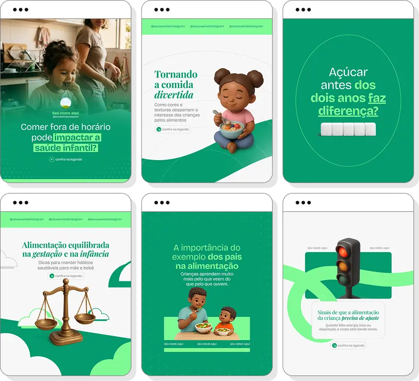 Ideias de post para nutrição materno-infantil com pack Canva de conteúdos para Instagram sobre maternidade