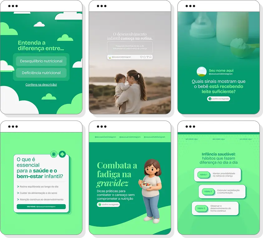 Posts para Instagram nutrição materno-infantil com pack de conteúdo editável sobre alimentação materna