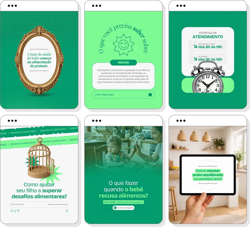 Pack de posts nutrição materno-infantil com foco em Instagram de saúde materna e desenvolvimento infantil