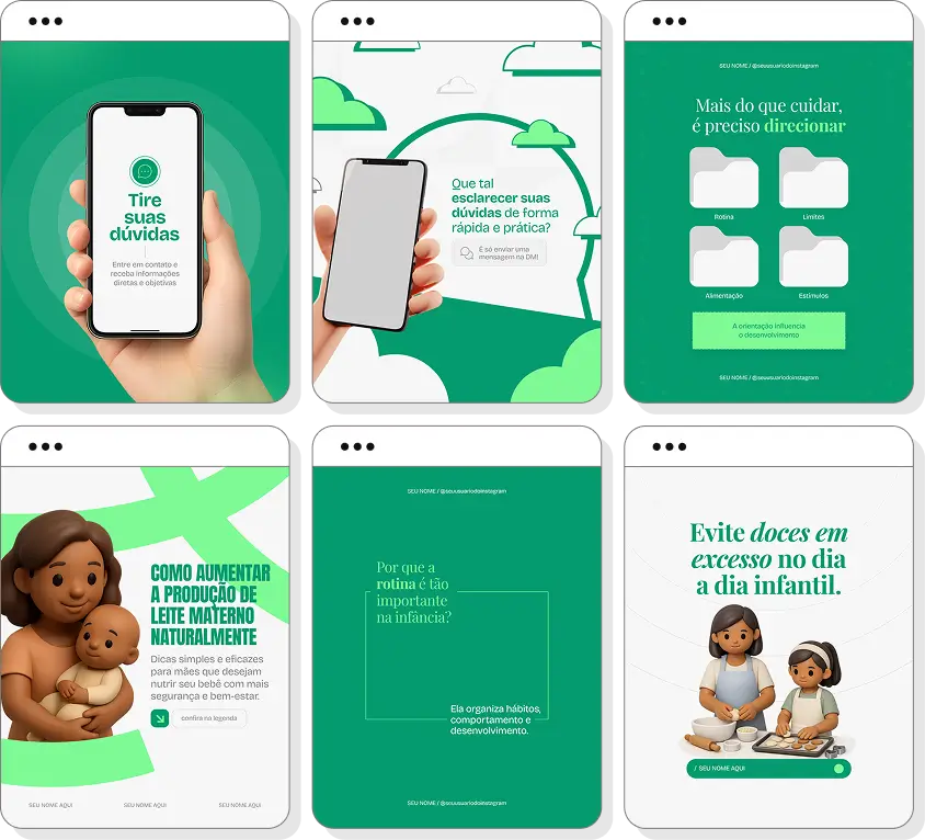 Pack Canva nutrição materno-infantil com ideias de posts para Instagram de nutrição na infância