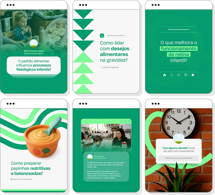 Pack de nutrição materno-infantil com posts para Instagram de gestação, amamentação e introdução alimentar