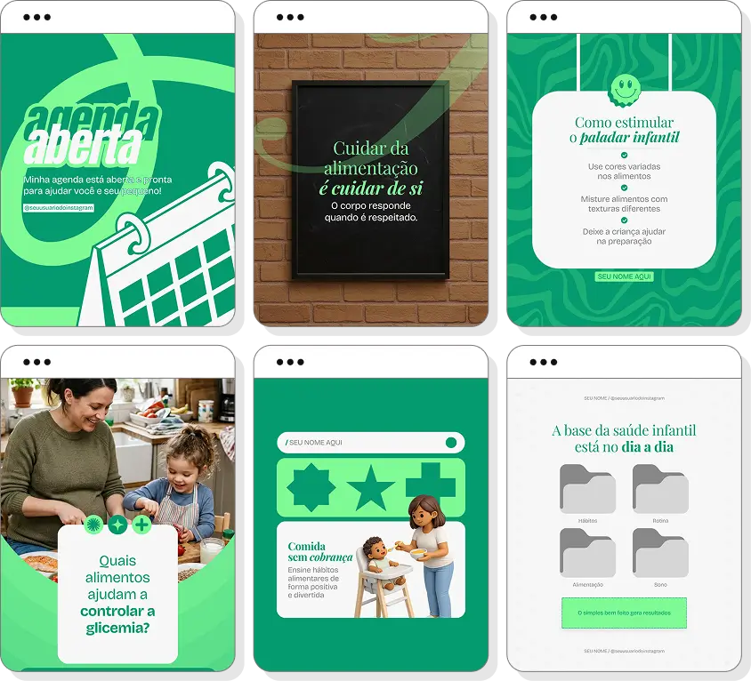 Posts editáveis nutrição materno-infantil com pack de templates para Instagram de alimentação infantil