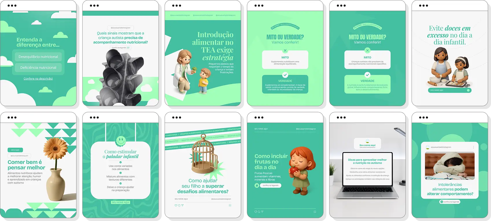 Pack de nutrição para autismo com conteúdos editáveis para Instagram de alimentação infantil