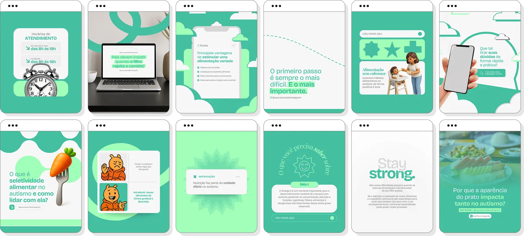 Ideias de post para nutrição para autismo com pack de conteúdo para Instagram sobre alimentação saudável