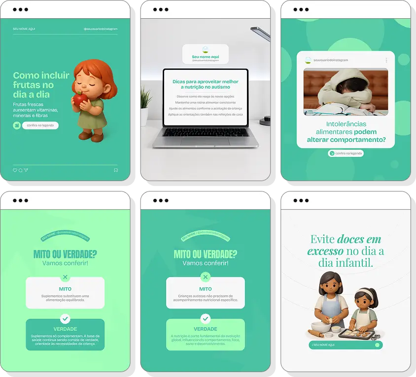 Pack de posts para nutrição para autismo com templates no Canva para Instagram sobre alimentação e desenvolvimento infantil